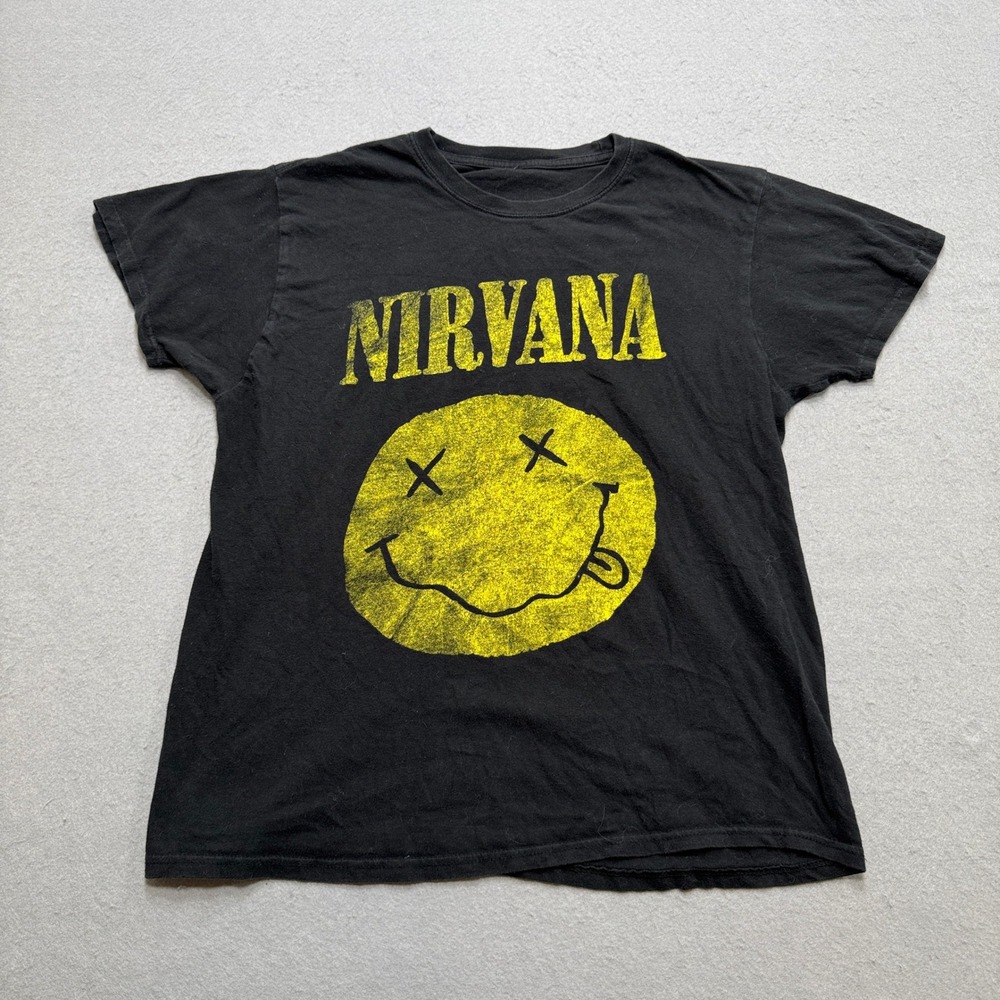 Nirvana T-Shirt Mens Medium Black Smiley Face Logo Short Sleeve Grunge Rock Band